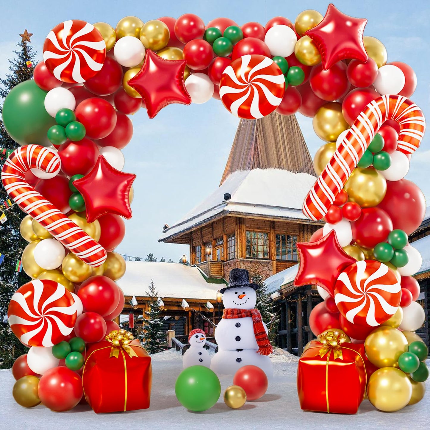 AobkDeco 151PCS Christmas Balloon Garland Arch Kit with Red White Golden Dark Green Balloons Candy Foil Balloon Candy Cane Balloon Gift Box Balloon Star balloon for Christmas Party Decorations