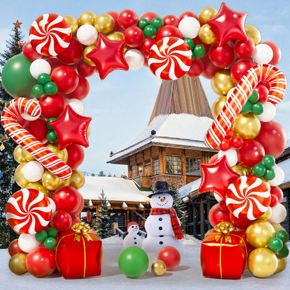 AobkDeco 151PCS Christmas Balloon Garland Arch Kit with Red White Golden Dark Green Balloons Candy Foil Balloon Candy Cane Balloon Gift Box Balloon Star balloon for Christmas Party Decorations