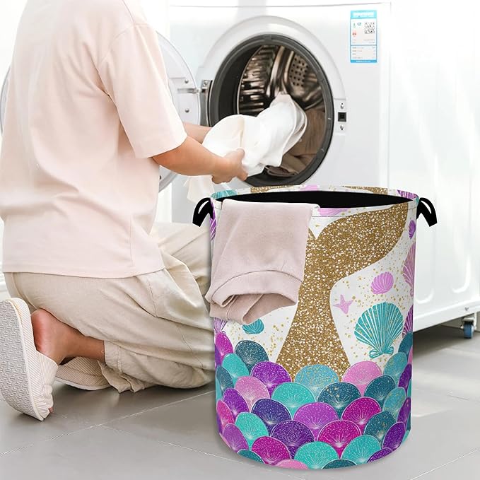 Fish Scales Laundry Basket, Mermaids Seashell Foldable Oxford Cloth Tote Bag
