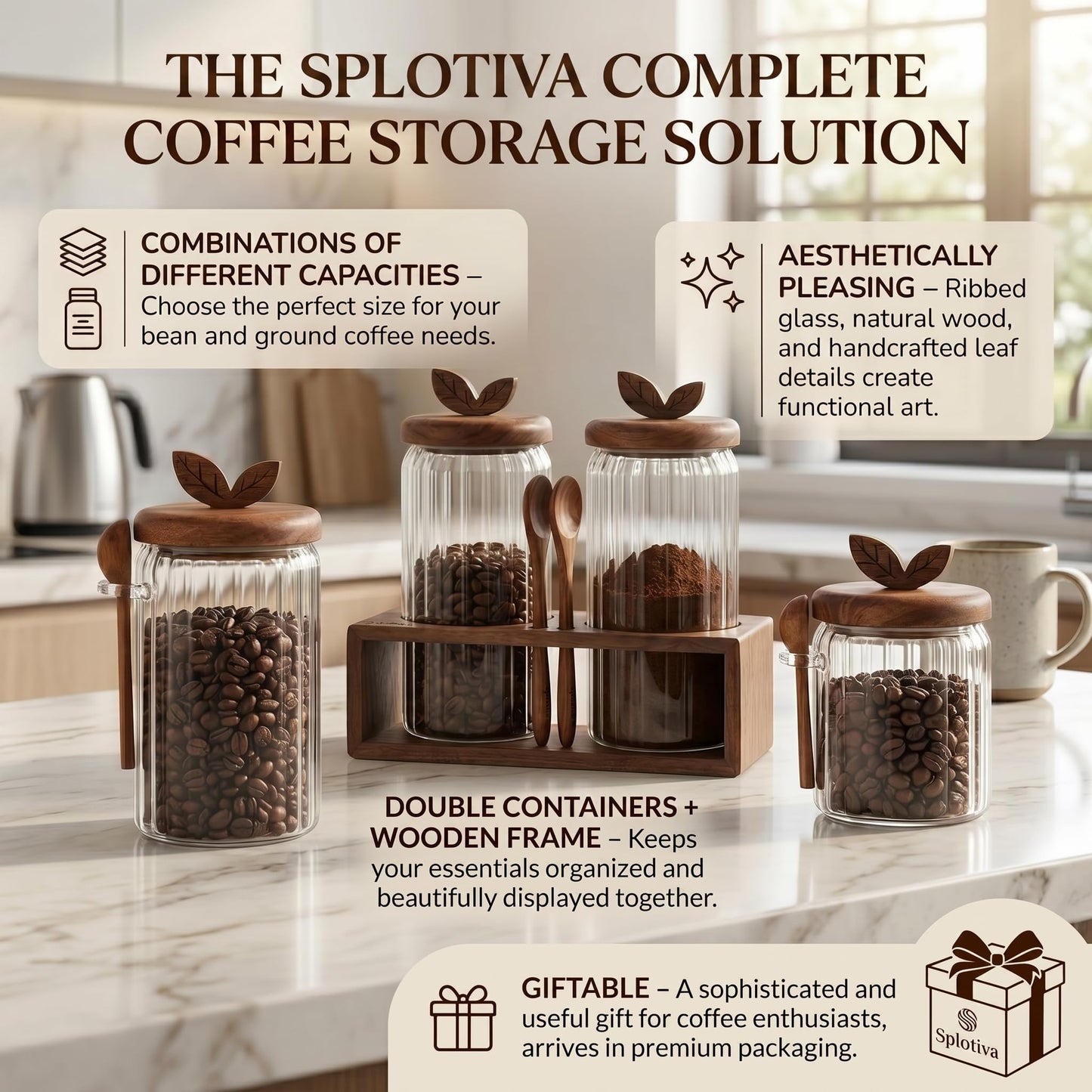 Splotiva Glass Coffee Canister with Wooden Lid & Spoon, Airtight Food Storage Jar for Coffee, Sugar, Salt, Tea & Snacks (17floz x 2)