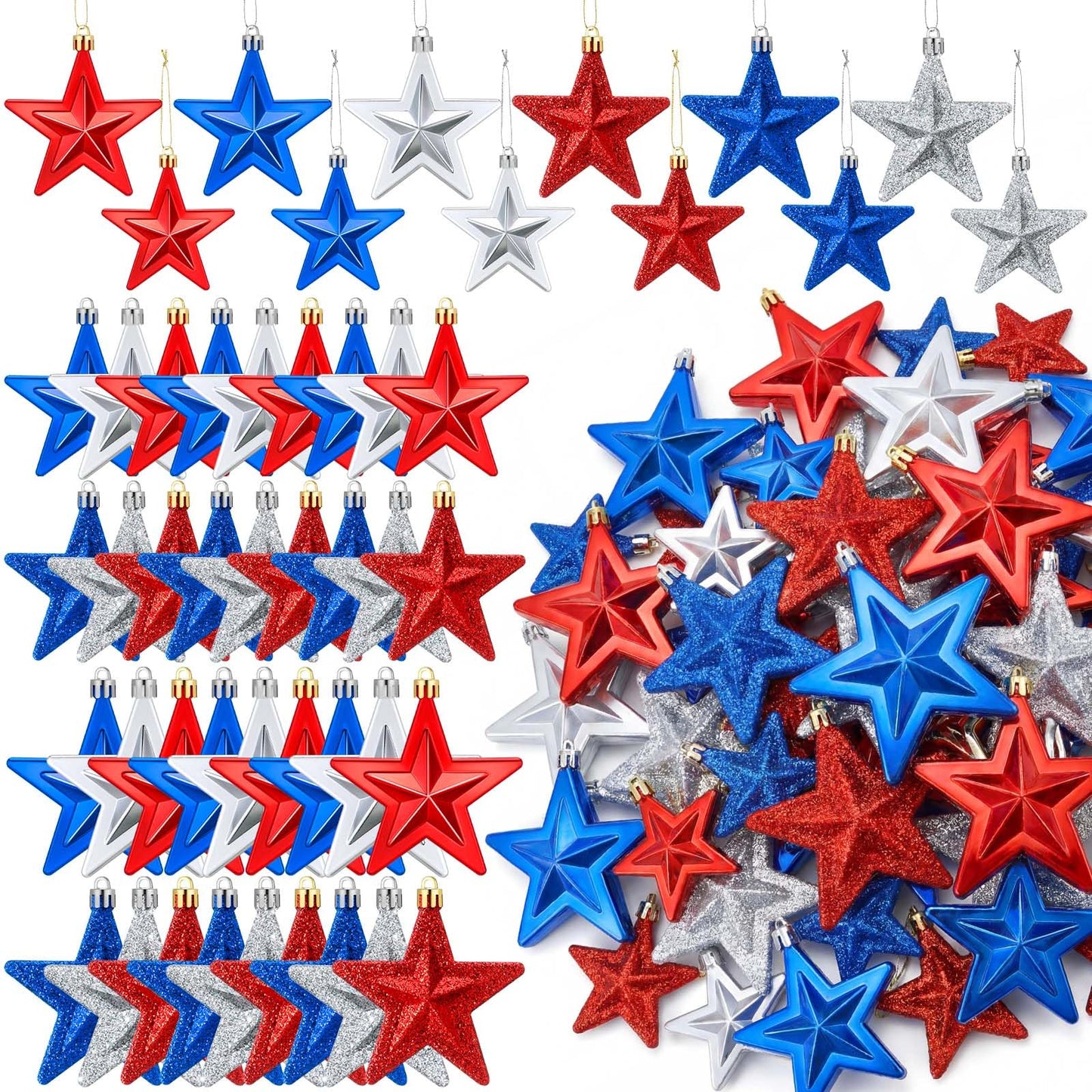 60 Pcs Patriotic Star Hanging Ornament 4th of July Tree Decor Red Blue Silver Star Ornament for Tree 4th of July Independence Pendant for 250th Anniversary Patriotic Veteran Decor