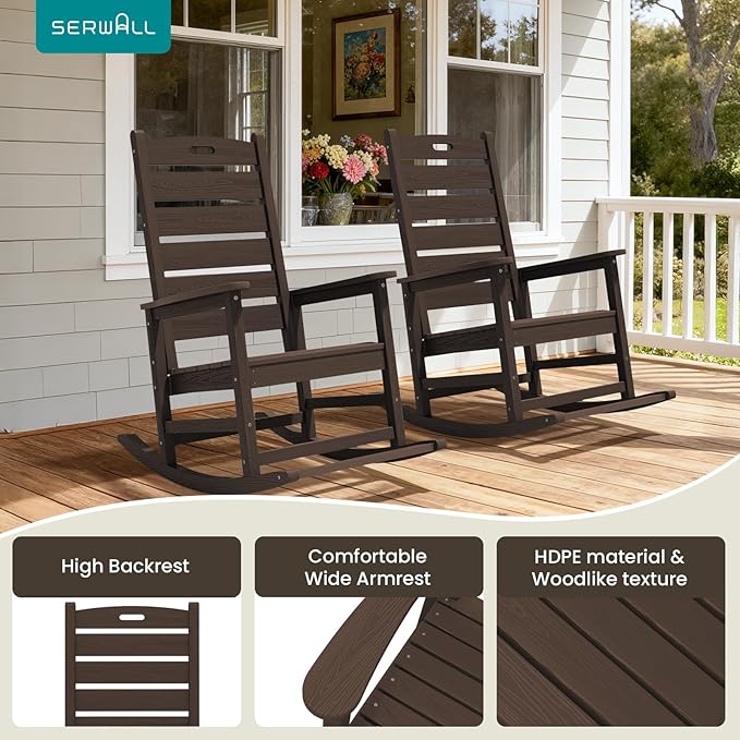 SERWALL Outdoor Rocking Chair Set of 2, Oversized Rocking Chair with Footboard for Adults, HDPE All Weather Resistant Rocking Chairs for Patio, 350lbs Weight Capacity,Coffee