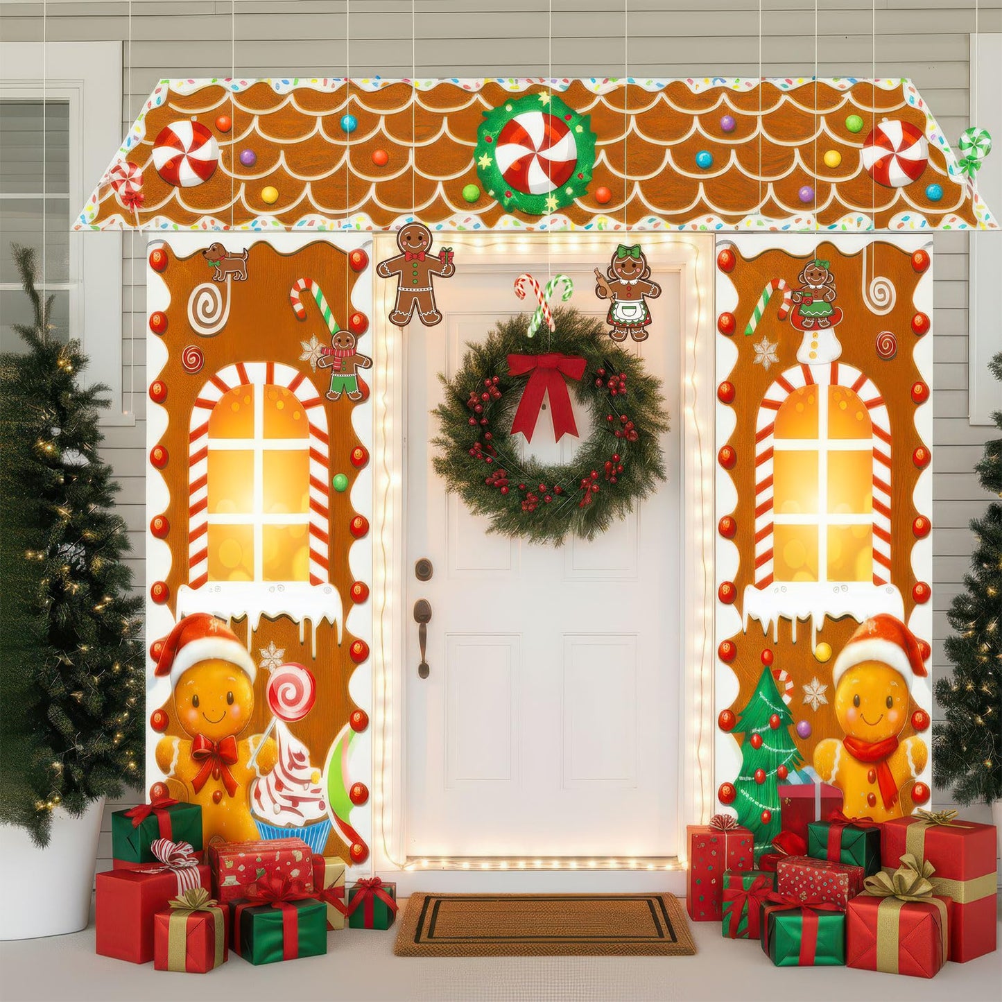 Christmas Gingerbread Door with lights Cardboard Cover Decorations,Gingerbread House Candy Porch Banner Sign for Xmas Holiday Classroom Office Home Party Decor