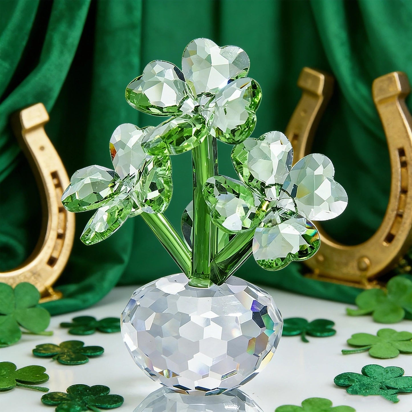 QFkris Crystal Flower Dreams Four-Leaf Clover Figurine Collectibles, 3.7" Glass Flower Statues for Home Decor Centerpiece, Gift for Mothers Day, Thanksgiving, St. Patrick's Day