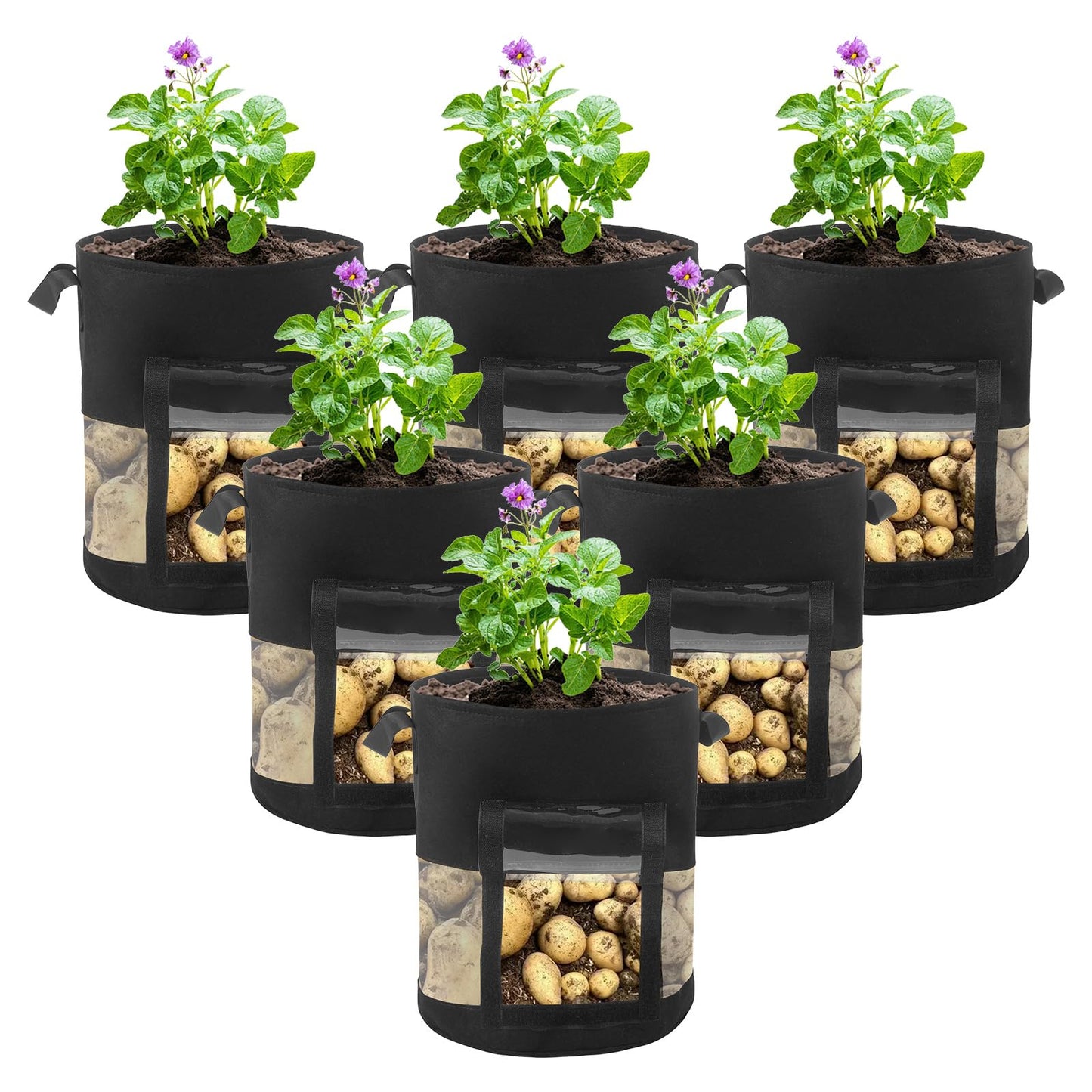 6 Pack 10 Gallon Visible Potato Grow Bags, Thickened Nonwoven Fabric Pots Potato Growing Containers with Handles & Visible Flap, Plant Grow Bags for Growing Potatoes, Tomatoes, Flowers, and Vegetables