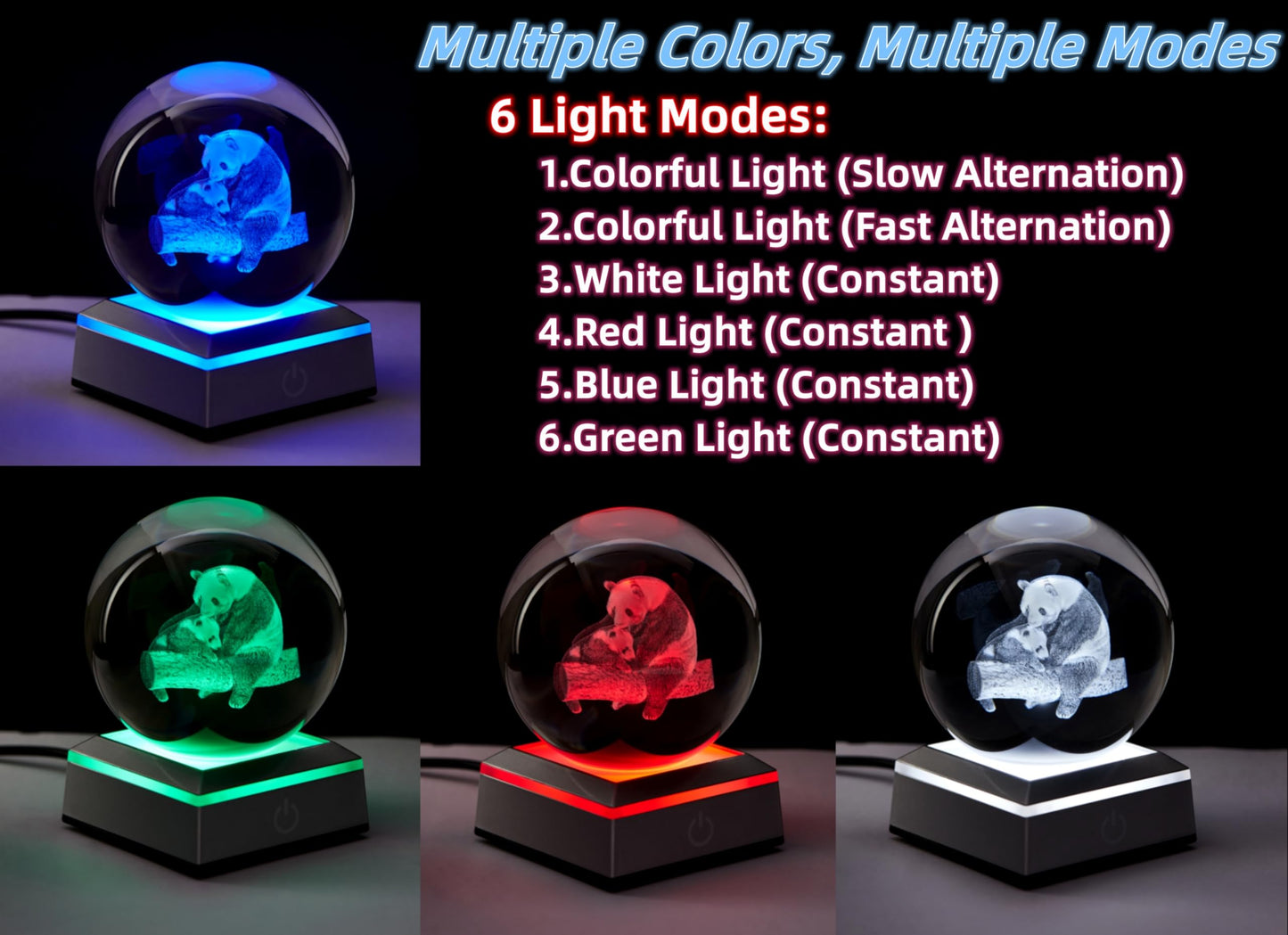 DIGFPWT Panda Crystal Ball Lamp,3.15 inch 3D Panda Crystal Ball Night Light with LED Colorful Lighting Touch Base, Panda Lamp Gift for Friends (Panda)