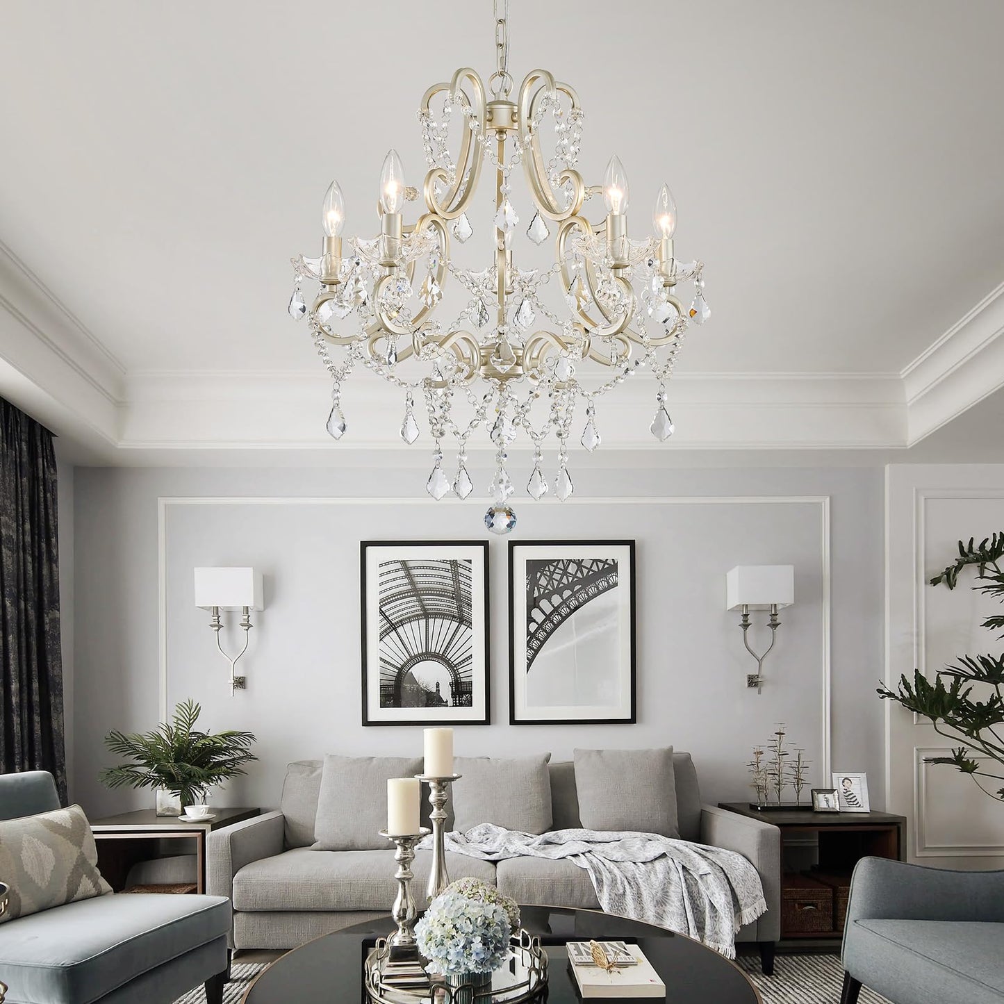 Crystal Chandelier, 5-Light Modern Chandelier for Dining Room Light Fixture, Nickel Finish Pendant Ceiling Light Fixture, Modern Candle Chandelier for Living Room Kitchen Island Entryway Bedroom