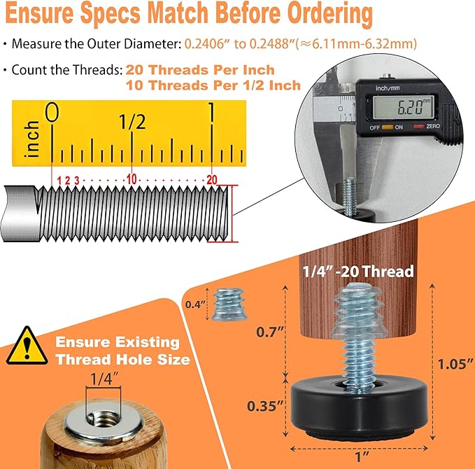 1/4-20 Adjustable Furniture Leveler, 16 Pack Rubber Leveling Feet Screws in