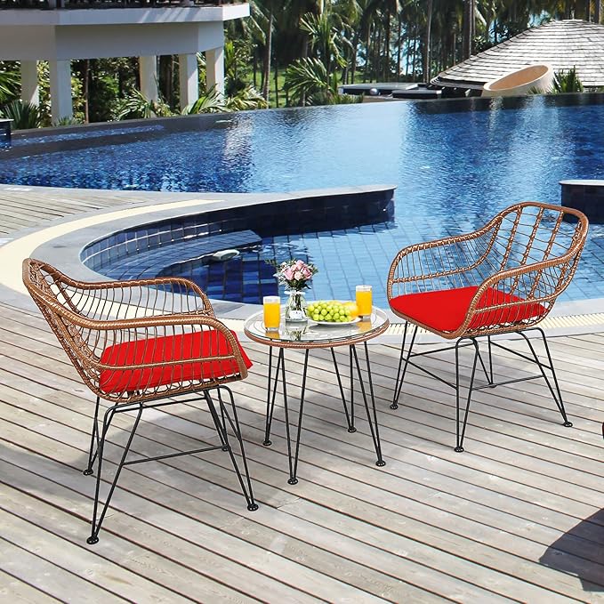 Tangkula 3 Pieces Patio Conversation Bistro Set, Outdoor Wicker Furniture