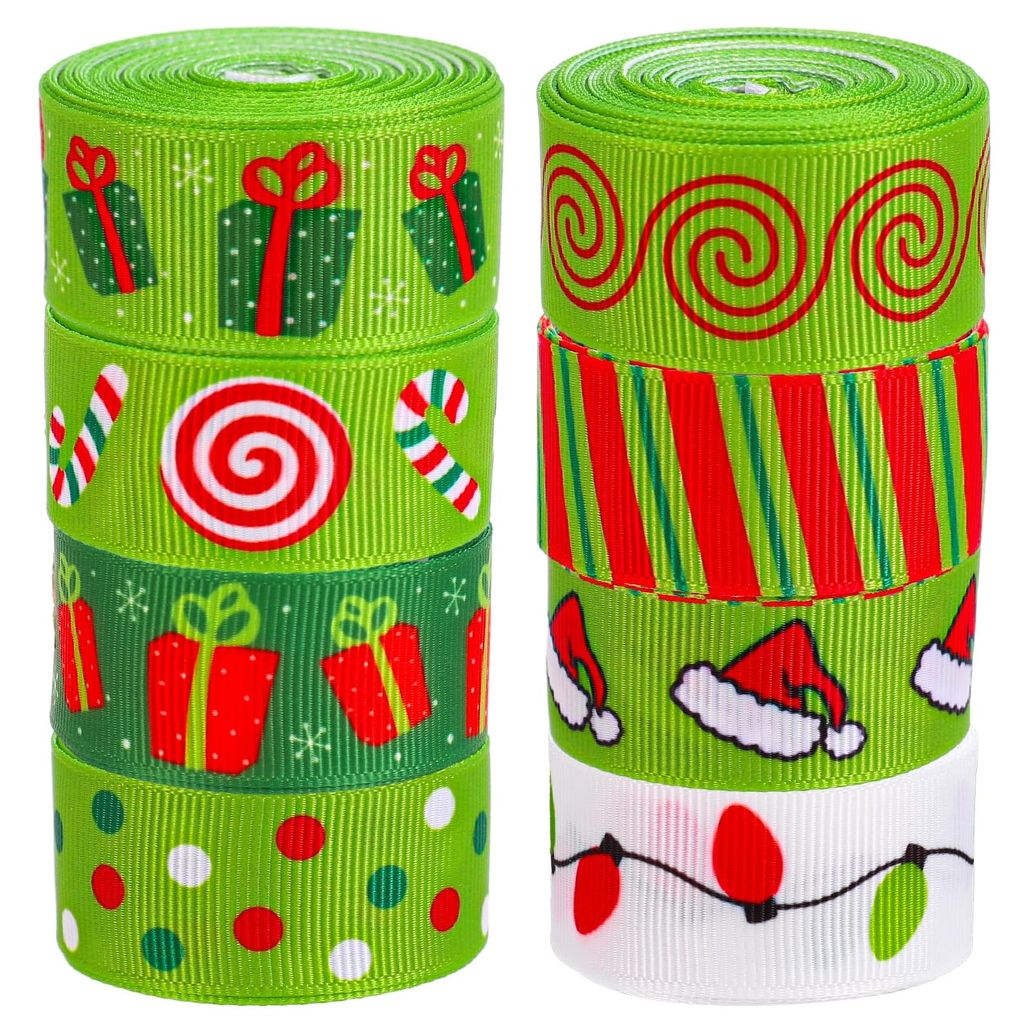 JarThenaAMCS 8 Rolls Christmas Grosgrain Ribbons 7/8" Red Green Xmas Candy Cane Light Bulb Santa Hat Dot Stripe Fabric Craft Ribbon for Holiday Birthday Wreath Bow Gift Wrap Party Decor, 40 Yards