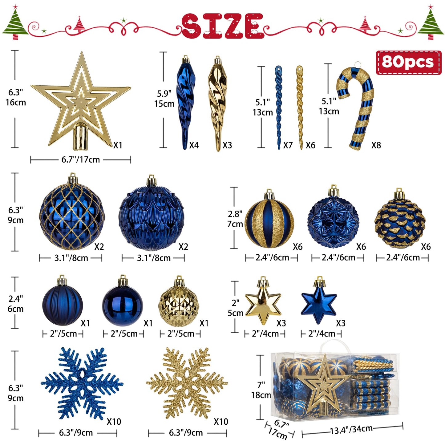 Briful 80ct Blue & Gold Christmas Balls Ornament Set, Plastic Shatterproof Christmas Ornament Balls with Tree Topper Candy Canes Snowflakes for Xmas Tree Wreath Garland Decor