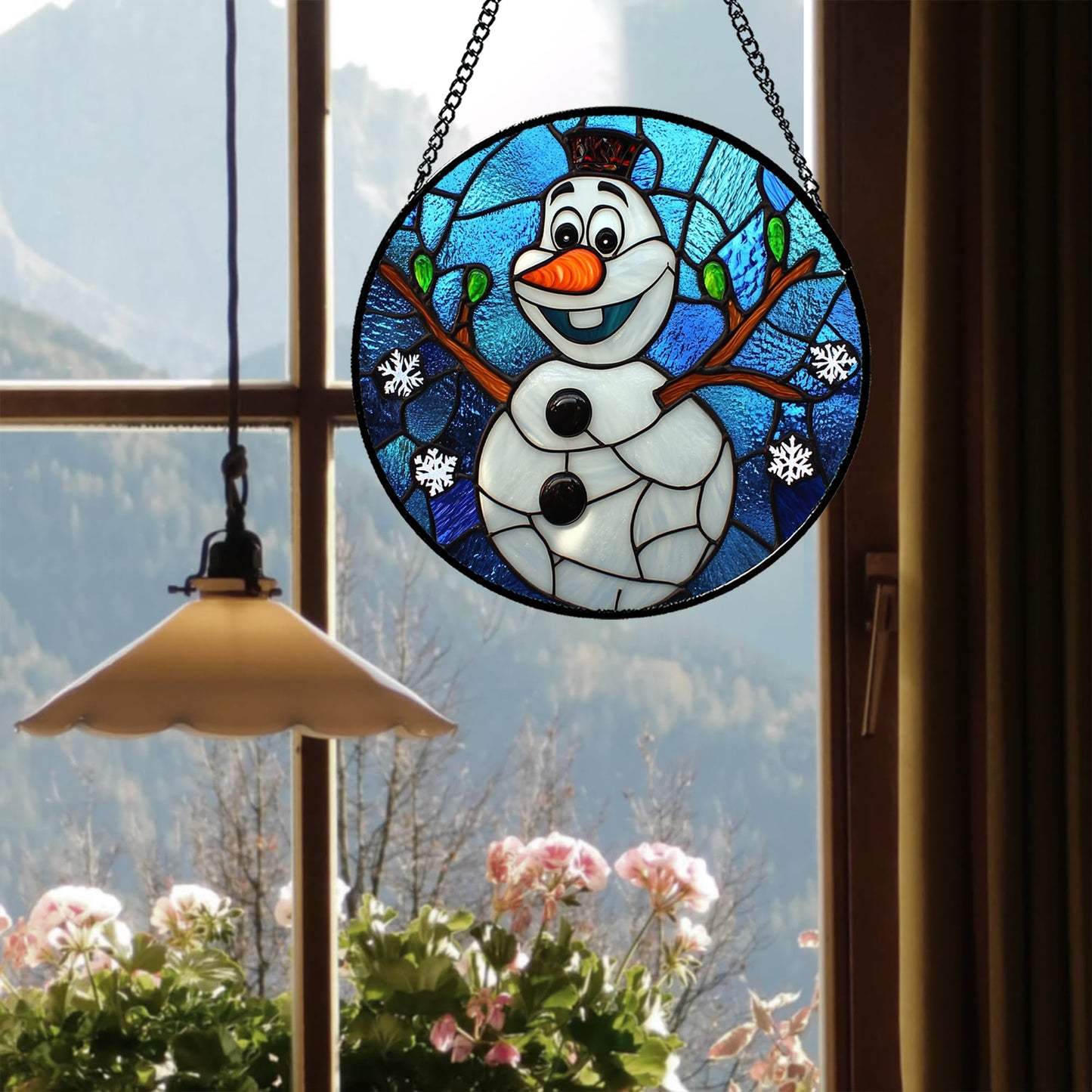 JOSUMALY Stained Glass Window Hanging Christmas Funny Snowman 11.8" - Suncatcher Door Garden Blue White Snowflakes Sun Catcher New Year Birthday for Friend Mom Men Woman Nana