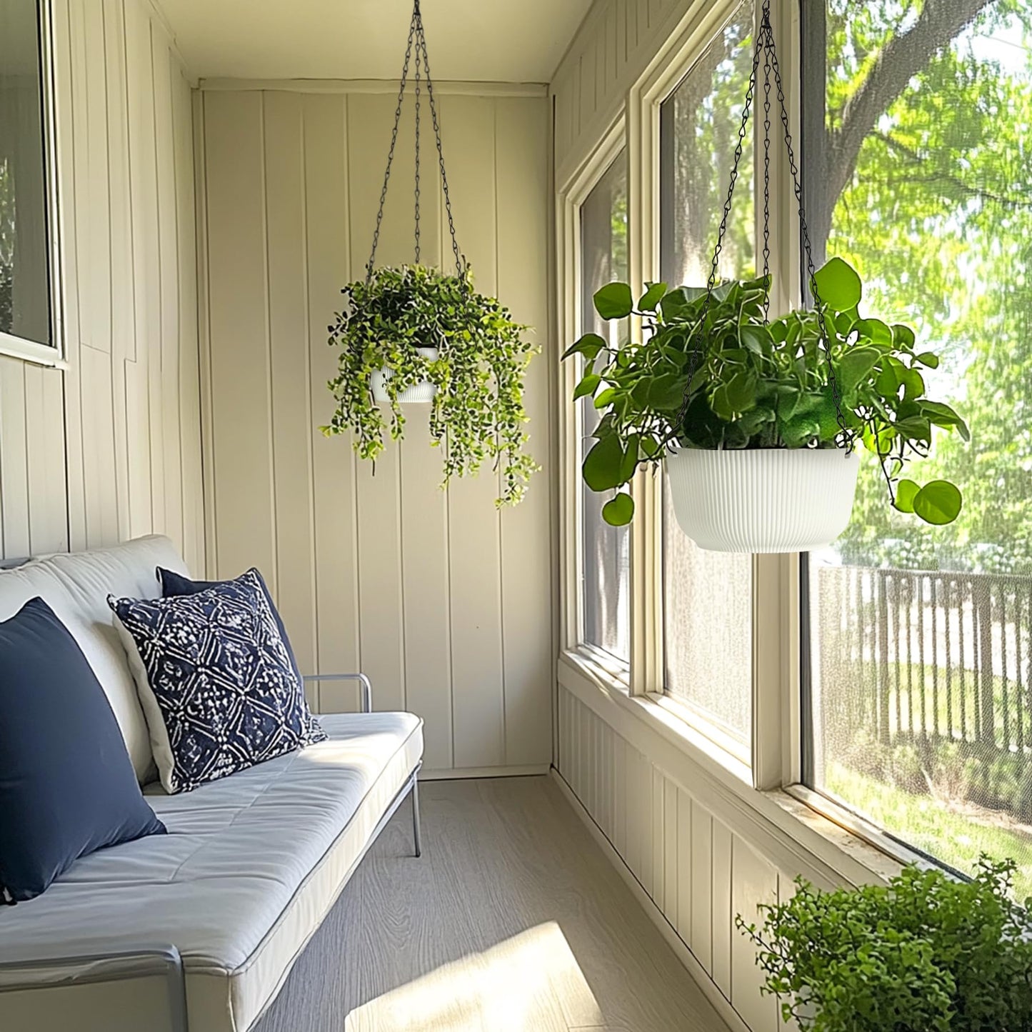 T4U Hanging Planter Self Watering 8 Inch, 2 Pack White Indoor Outdoor Hanging Plant pots, Hanging Flower Pot with Drainage Hole & Plug & Chain with 3 Hooks for Garden Home Decor