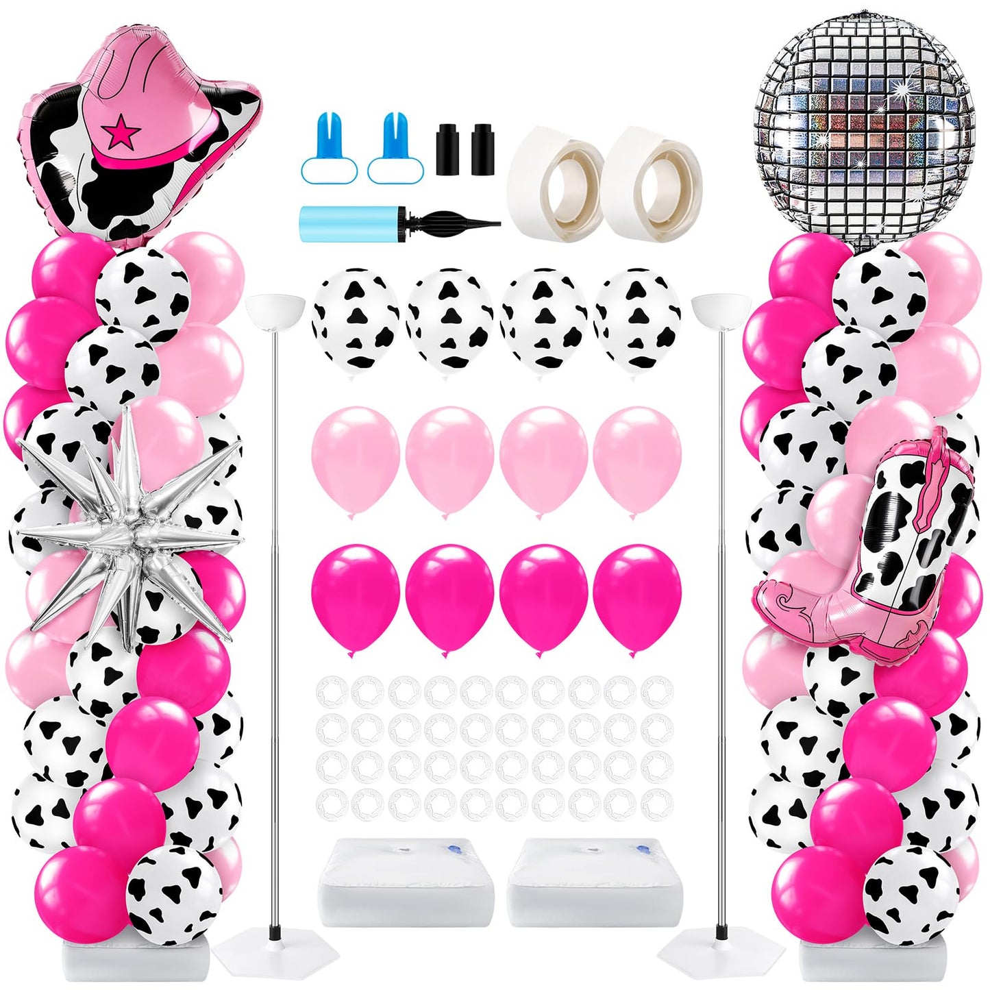 Kasyat 2 Sets Disco Cowgirl Balloon Column Stand Kit with 4d Cowgirl Hat Boots Disco Ball Exploding Stars Balloons Hot Pink Silver Arch Kit for Floor for Western Birthday Party Decorations