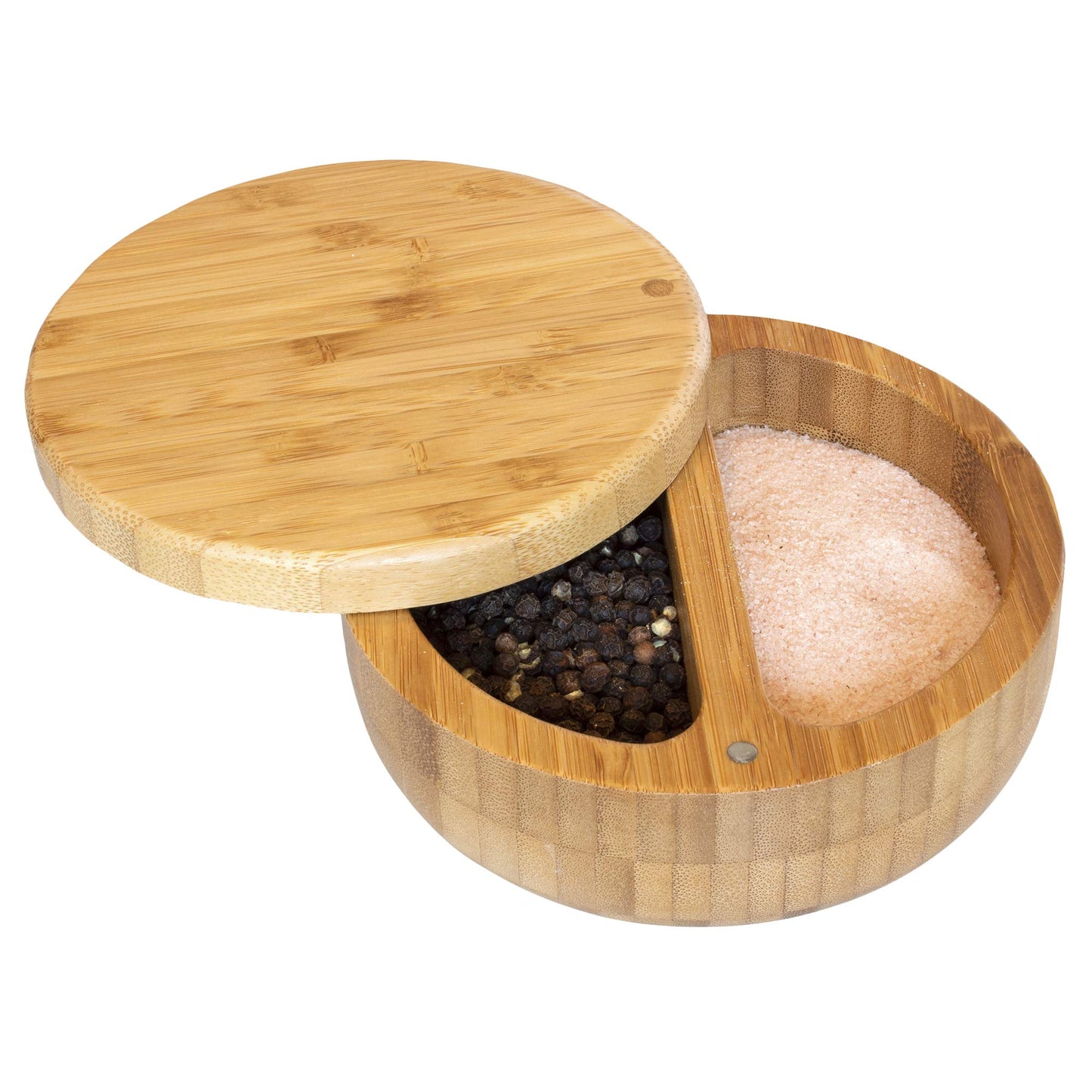 Totally Bamboo Salt Keeper Duet, Salt and Pepper Container with Dual Compartments, Bamboo Spice Cellar with Magnetic Swivel Lid, Countertop Bowls for Seasonings
