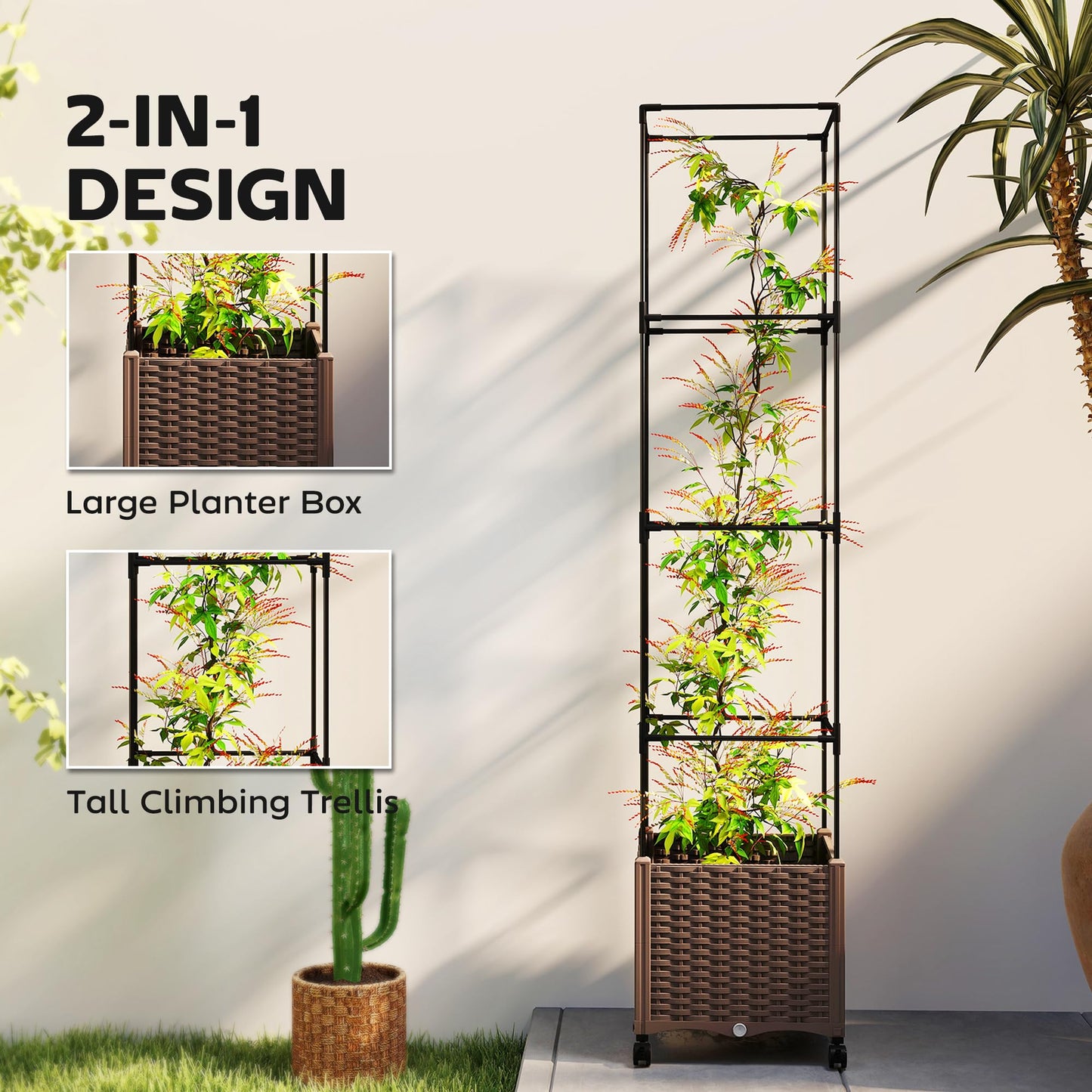 Outsunny Raised Garden Bed with Trellis, 71.7" Tomato Cage with Lockable Wheels, Self Watering Outdoor Planter Box with Drainage Holes and Plugs for Climbing Plants, Vines, Vegetables, Flowers, Brown