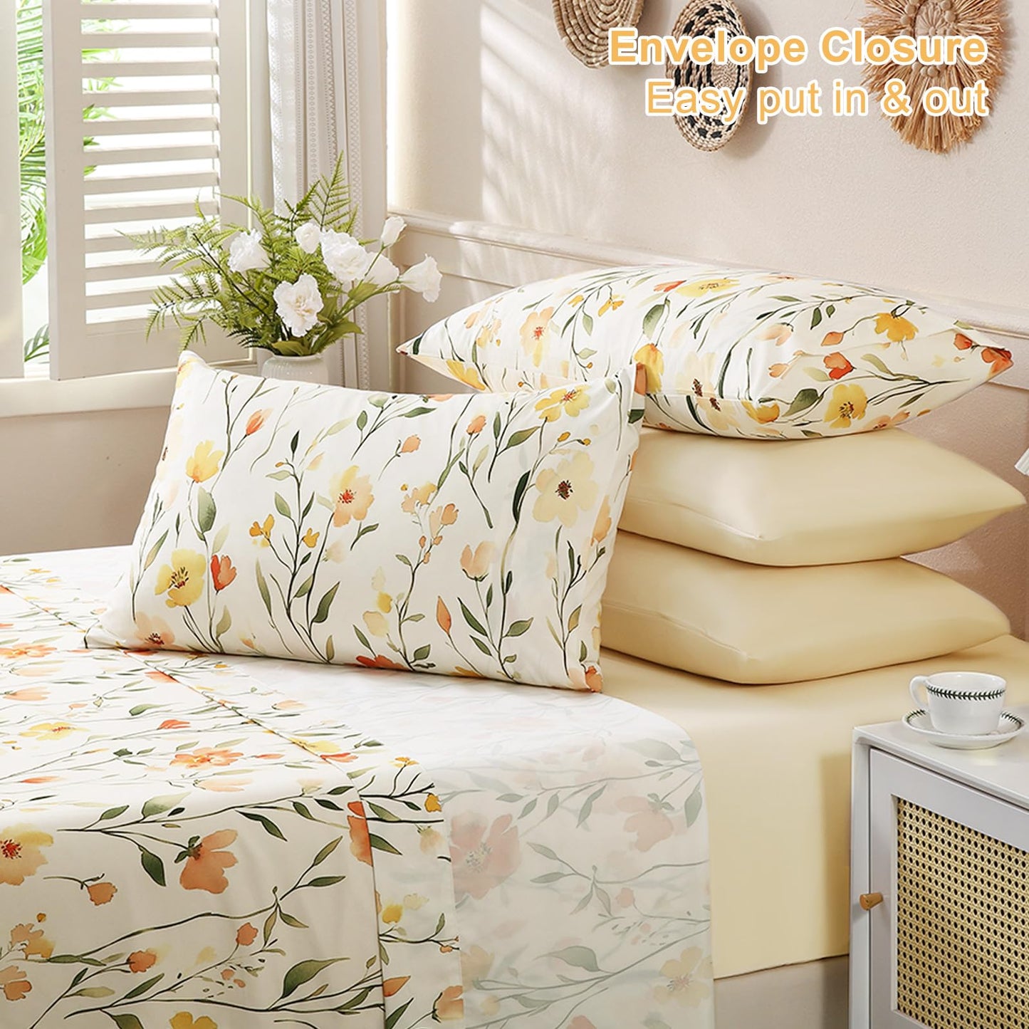 Botanical 6-Piece King Size Sheets Set, Boho Floral Print Brushed Microfiber Sheets, Cooling Bed Sheet Set, Ultra Soft & Breathable, 16' Deep Pocket Fitted Sheet & Pillowcase Set, Beige Floral