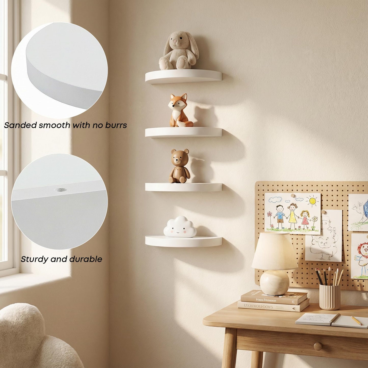 MITREL Small Wood Floating Shelves (4-Pack, 6-inch Diameter) - Round Sturdy Invisible Wall Mount Display for Small Plants,Toys,Bathroom,Living Room Storage & Modern Rustic Décor (White)