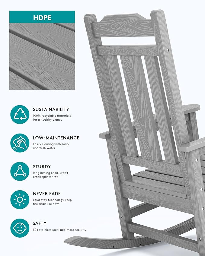 SERWALL Oversized Rocking Chair Set of 4 Outdoor, HDPE Outdoor Rocking Chair Set of 4, Space Gray