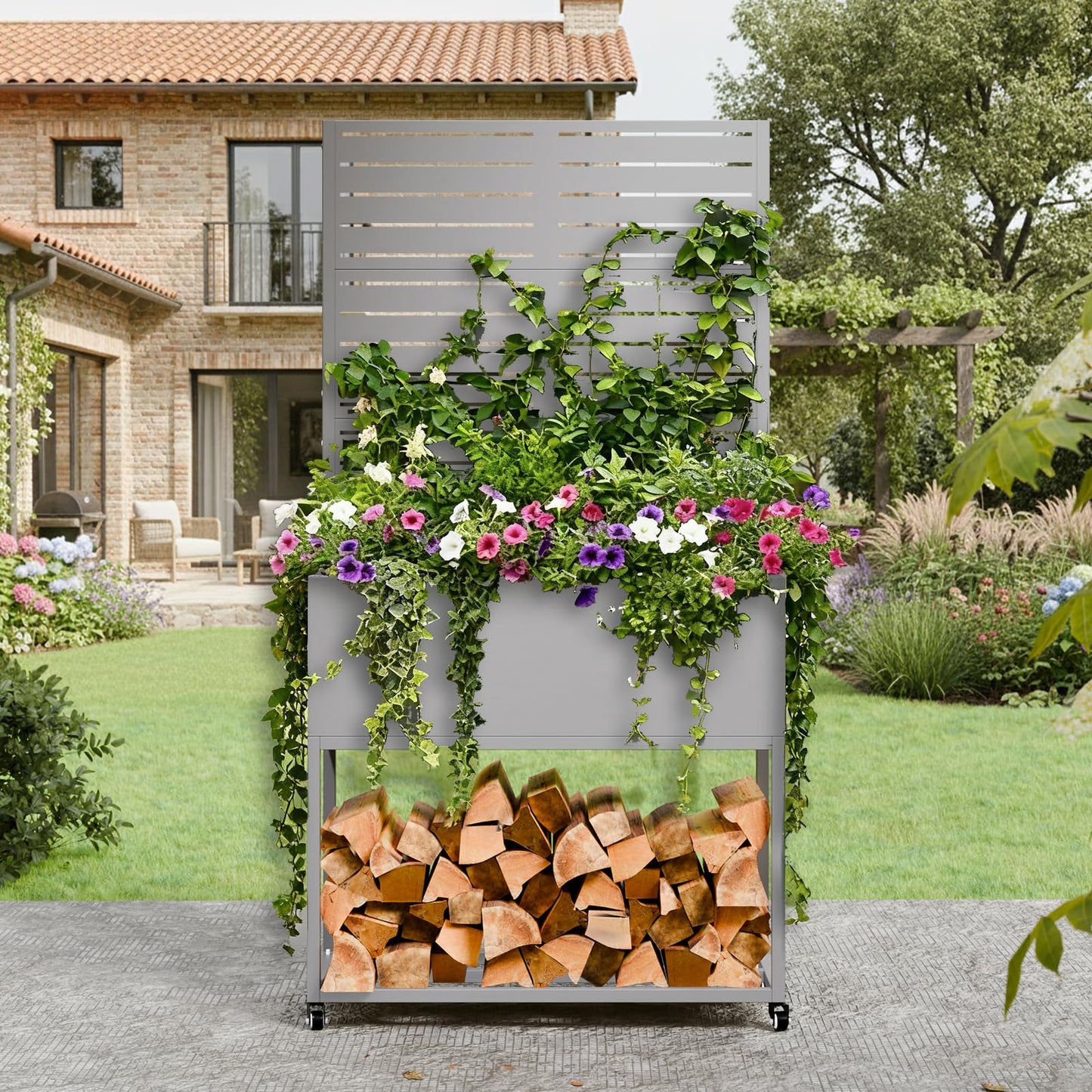 Metal Planter Box with Trellis, 3 in 1 Raised Garden Bed with Trelli & Firewood Rack, Privacy Planter Screen for Climbing Plants, Vine, Outdoor Garden Standing Beds with Drainage Holes, Wheels,Grey