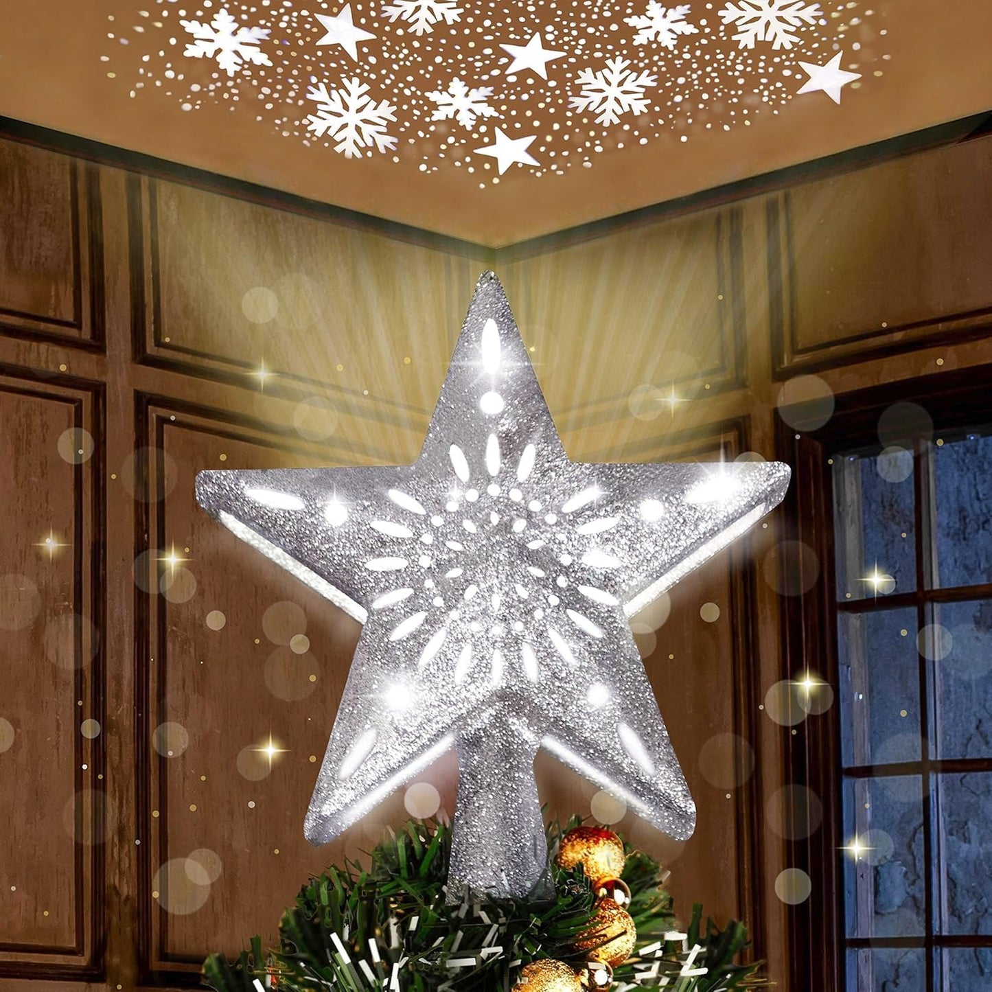 Joiedomi Christmas Silver Star Tree Topper Lighted with Projector, Built-in LED Rotating Lights, 3D Glitter Xmas Decorations for Party Holiday Indoor Decor