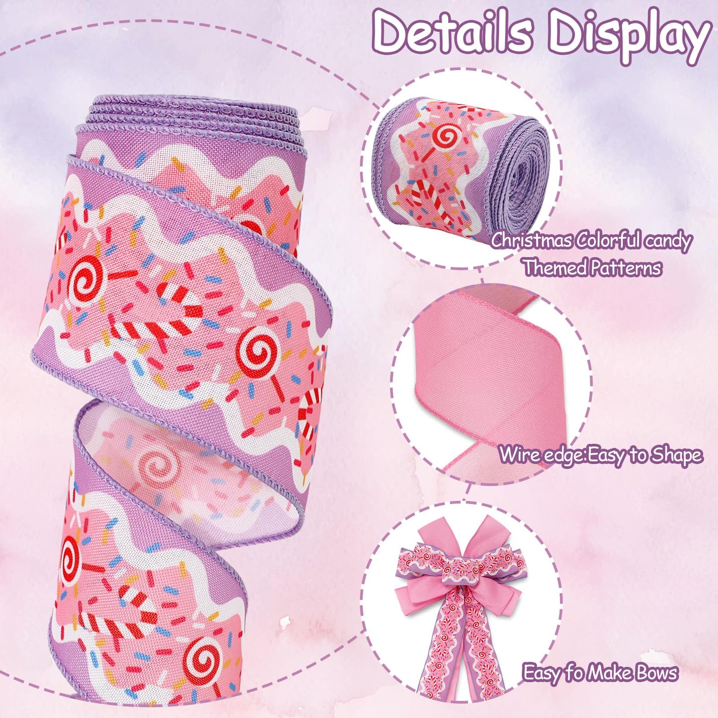 JarThenaAMCS Christmas Wired Edge Ribbon Pink Purple Candy Cane Fabric Craft Ribbon for Wreath Bow Making DIY Crafts Wrapping, 2 Roll, 20 Yards