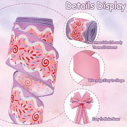 JarThenaAMCS Christmas Wired Edge Ribbon Pink Purple Candy Cane Fabric Craft Ribbon for Wreath Bow Making DIY Crafts Wrapping, 2 Roll, 20 Yards