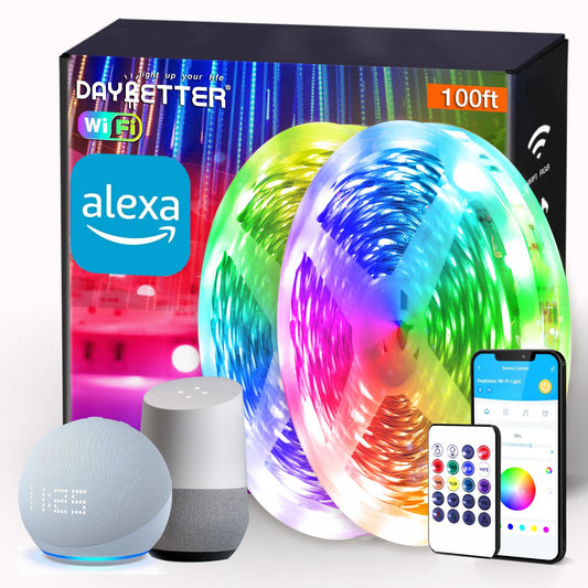 DAYBETTER Smart WiFi Led Lights 100ft - Led Strip Lights Work with Alexa and Google Assistant RGB Strip Lighting Music Sync Color Changing with App Voice Remote Control for Room Bedroom Decor 50ft*2