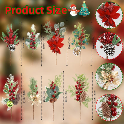 HNGWLYN Artificial Christmas Picks 8 Pack Red Berries Stems Evergreen Faux Pine Branches Christmas Picks Spray Pine Cones Holly Leaves for Winter Holiday DIY Craft Garland Wreath Ornament