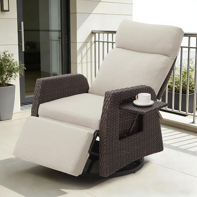 Adjustable Outdoor Recliner Chair with Independent Backrest & Footrest, Patio Swivel Recliner Chair, Wicker Reclining Patio Chair w/Flip-Up Table, Air Pump 155° Lay Flat Chaise Lounge, Beige