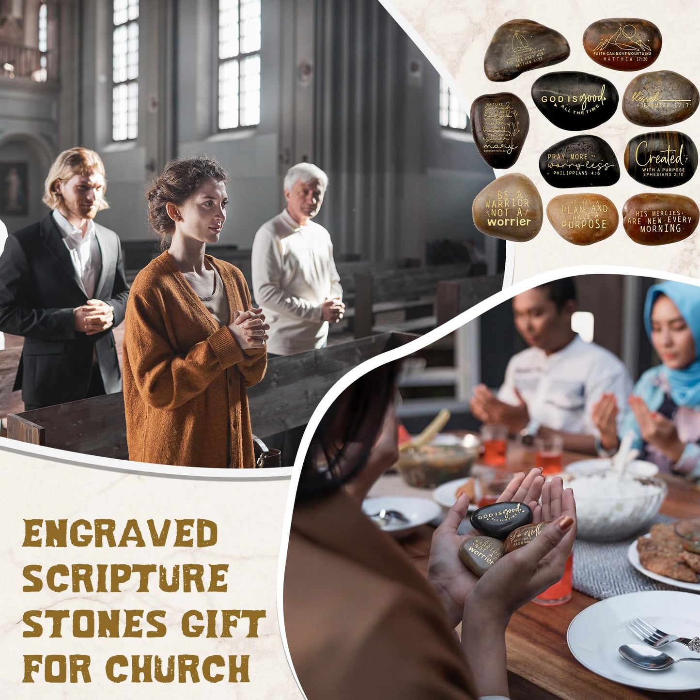 Landical 10 Pcs Bible Verses Scripture Stones Gift Christian Inspirational Rocks Engraved Stones with Prayer Words Father's Day Religious Gifts for Men Zen Group Office Home Decor(Inspiring Bible)