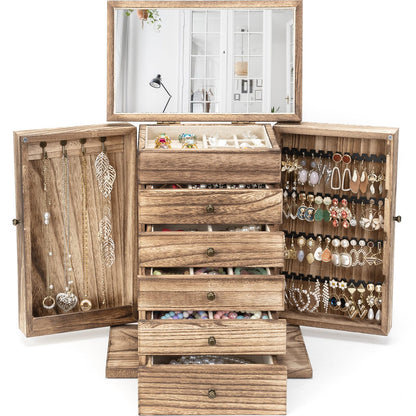 Emfogo Wooden Jewelry Box for Women, 6-Tier Large Jewelry Organizer Boxes with Mirror Rustic Solid Wood jewlery Storage Display for Rings Earrings Necklaces Bracelets watches(Carbonized Brown)