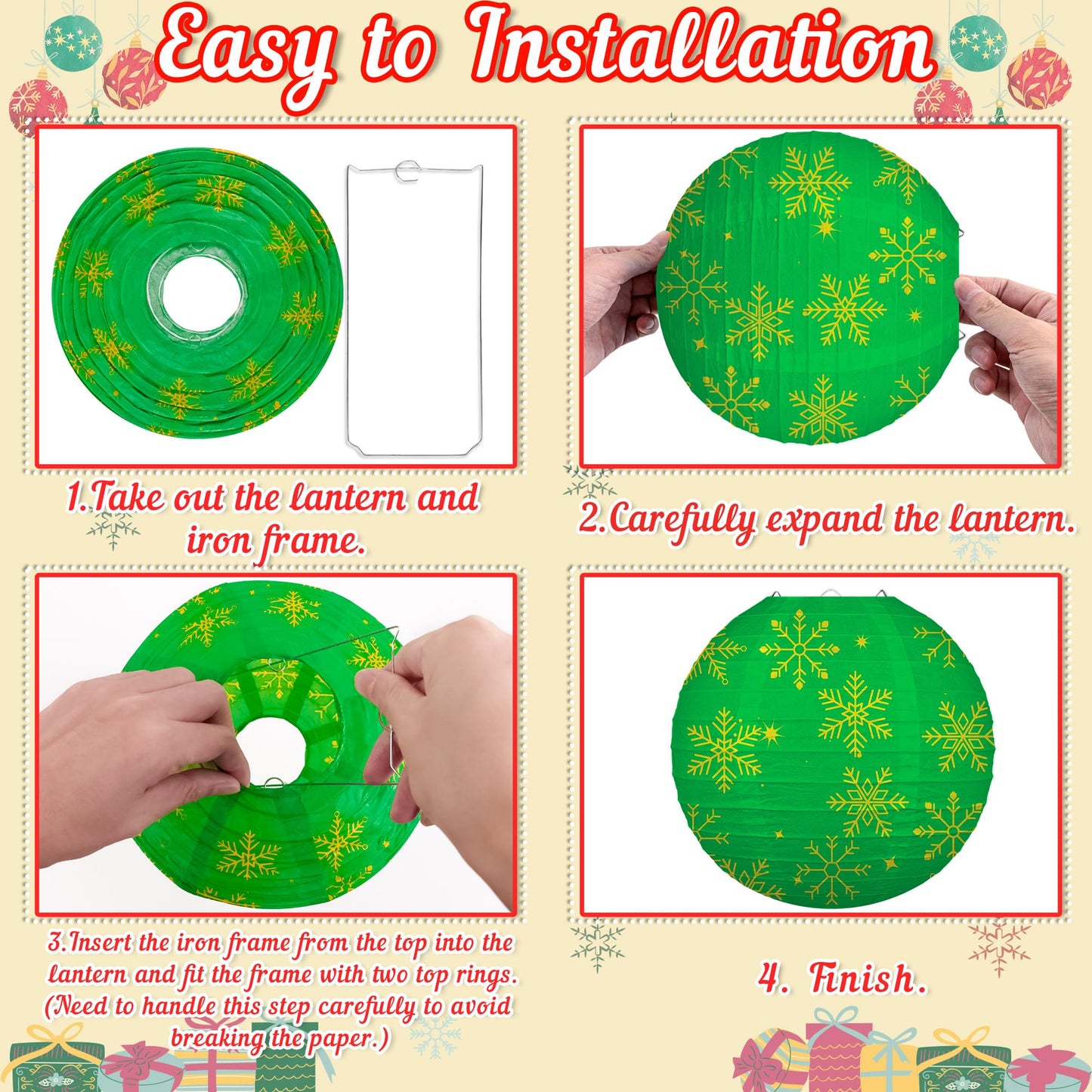Renbuzhu 15PCS Christmas Decorations Ornaments Set – 9 Red White Green Paper Lanterns, 4 Pom Poms, 2 Hanging Swirls for Indoor, Home, Xmas Party, Porch Decor