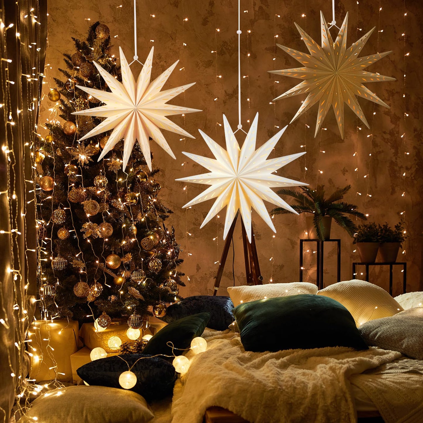 SUNBEAUTY 14-Pointed 18 Inch Hollow Out Paper Star Lanterns Brown White Christmas Lanterns Hanging Lamp Paper Decorations Shade Wedding Birthday Christmas Home Party Decorations