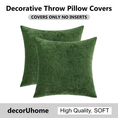 decorUhome Chenille Moss Green Christmas Throw Pillow Covers 18x18 Inch Set of 2, Decorative Soft Couch Pillow Covers Solid Dyed Accent Farmhouse Neutral Square Pillow Cases for Sofa