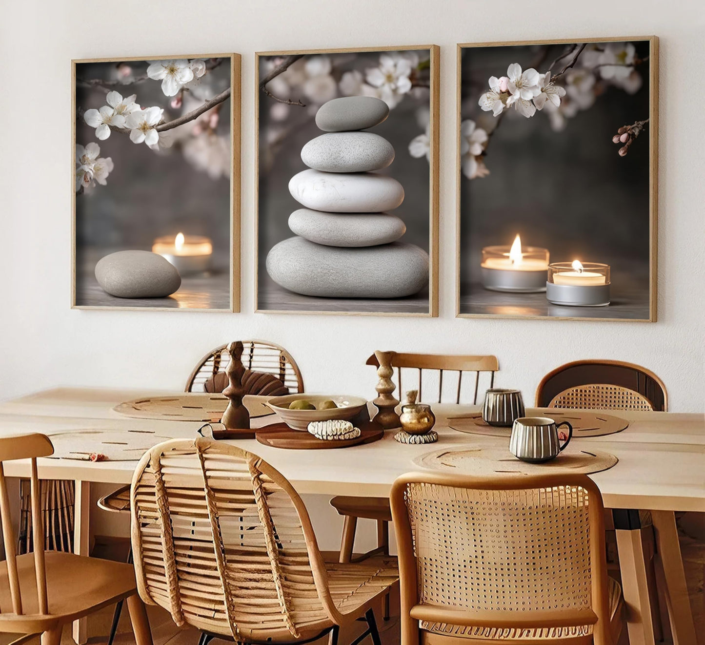 ZHJIOFXG 3 Piece Zen Canvas Wall Art Stacked Stones Cherry Blossom Candle Spa Wall Decor Calming Minimalist Neutral Poster Print Art for Bathroom Bedroom Yoga Room Office Living Room 12x16in Unframed