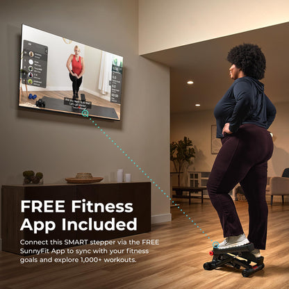 Sunny Health & Fitness Mini Stepper for Exercise at Home, Stair Step Workout Machine with Resistance Band and Over 300lb Weight Capacity, Optional Twist Motion and Free SunnyFit App Connection