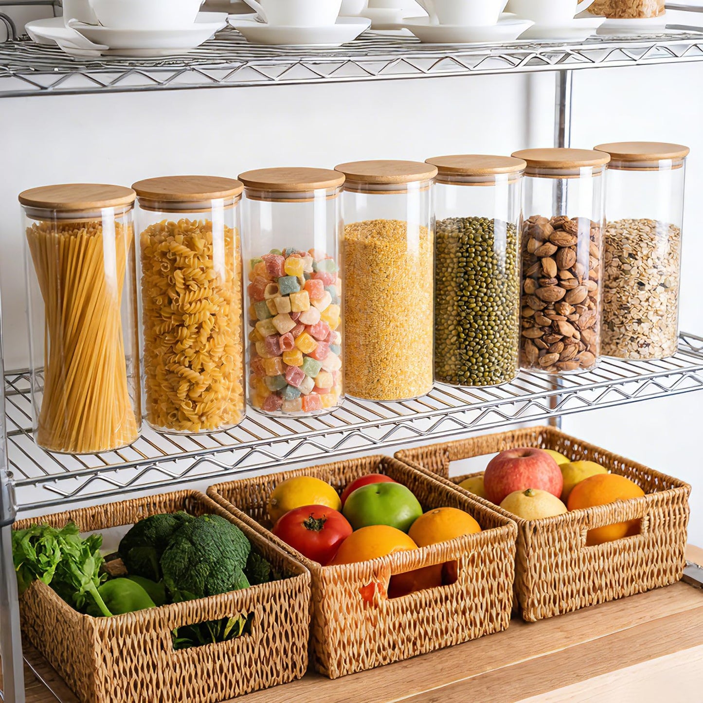 Moretoes 3 Pack 2qt Glass Storage Containers with Bamboo Press Lids, Large Airtight Food Storage Jars for Pantry, Flour, Sugar, Dry Goods