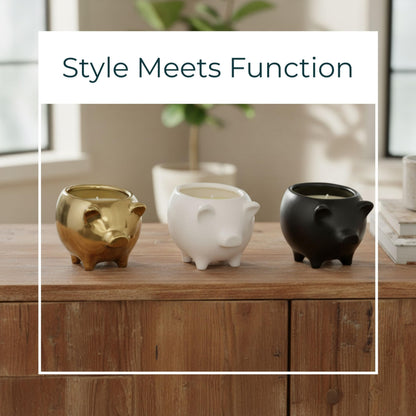 Ceramic Candle Set – Scented Candle for Relaxation and Soft Ambience, Living Room or Bedroom Decor Placement, Pig Animal Shaped Home Decor Design Accent – 4x6, Black, Gold & White Trio