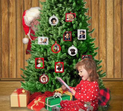 2024 Photo Ornaments for Christmas Tree, Classic Black and White Plaid Christmas Frame Ornament, Easy-Load Magnetic Design, with Satin Ribbon, Silver Charm Plus Photo Protector, Round, BW