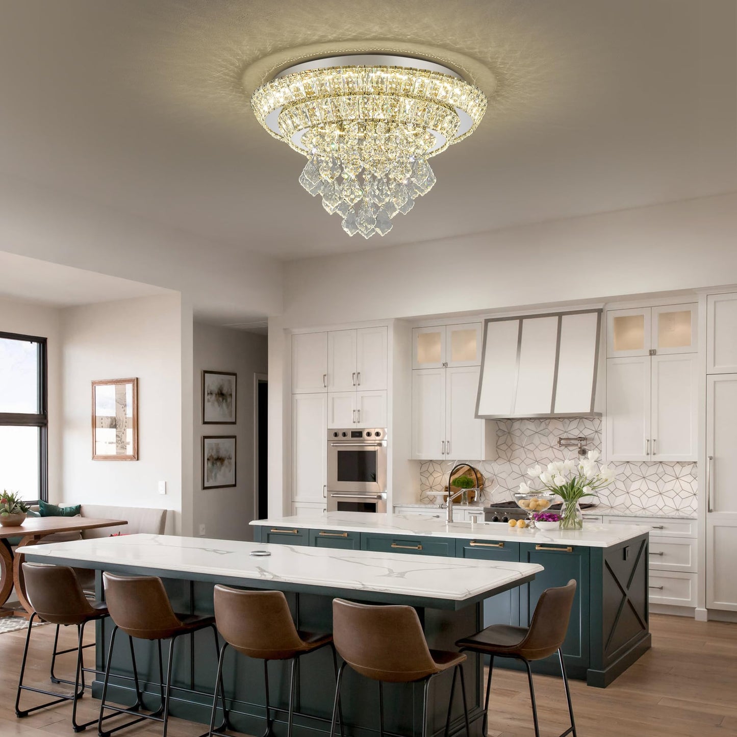 OSGNER 18" Sliver Modern Chandelier with Remote/APP,Flush Mount Crystal Ceiling Light,3-Color LED Dimmable for Living Room Kitchen Dining Room Hallway -Luxury Raindrop Style