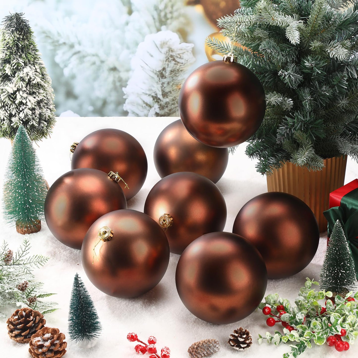 Wettarn 8 Pcs 6 Inch Brown Christmas Balls Ornaments Rustic Large Plastic Xmas Tree Hanging Ornaments Neutral Modern Xmas Giant Balls Decoration for Christmas Tree Lawn Yard Garden Party