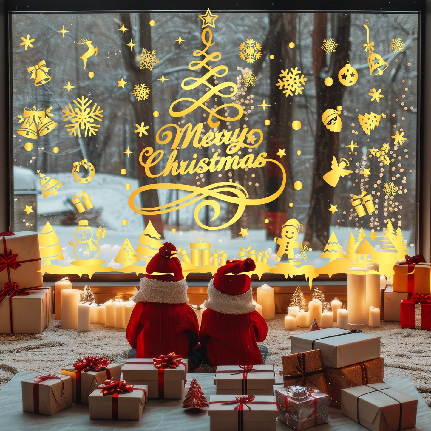 Whaline 9 Sheets Gold Christmas Window Clings Merry Christmas Tree Snowflake Window Decals Reusable Double-Sided Windows Decor for Winter Holiday Home Classroom Office Party Supplies