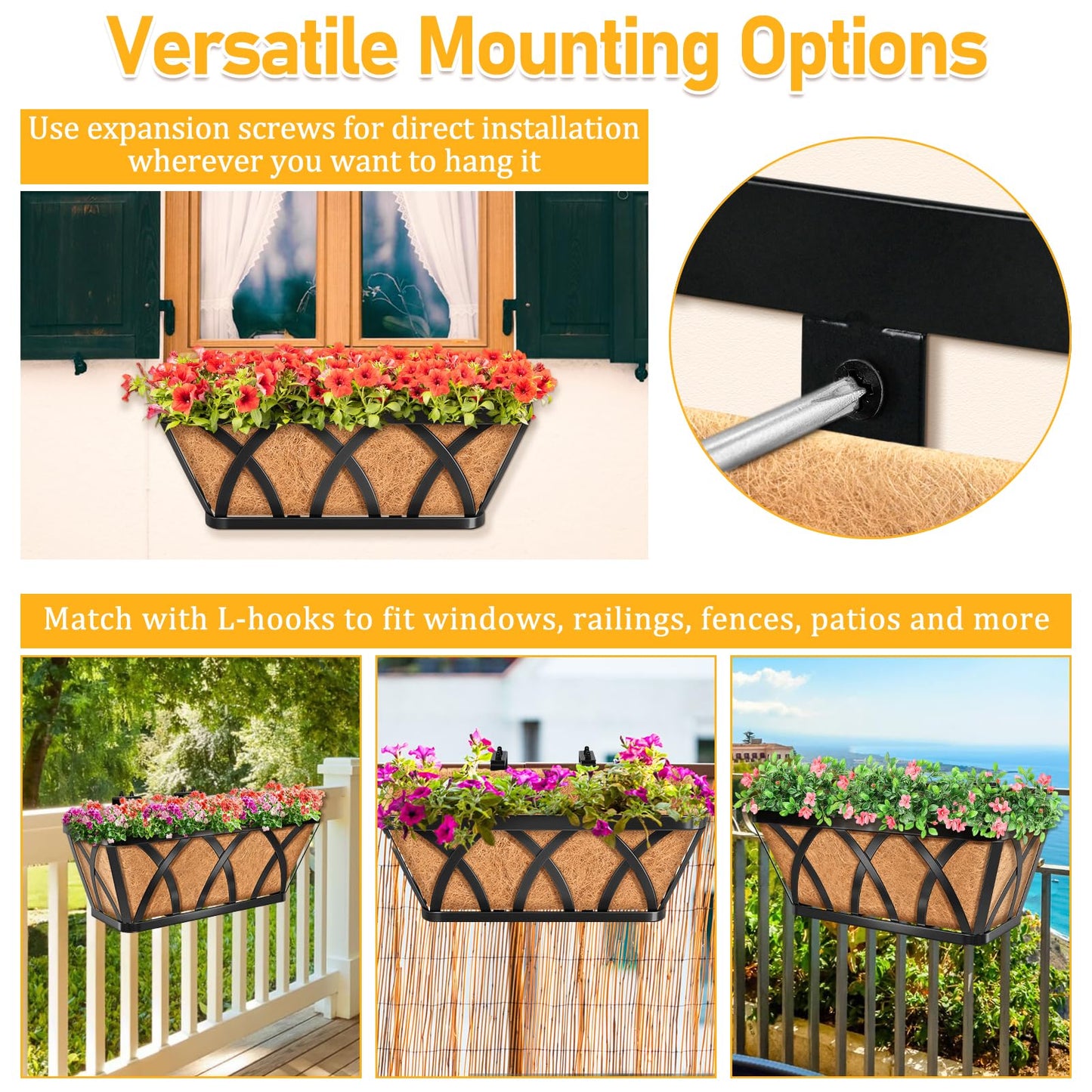Riare 4 Pack 16 Inch Metal Railing Planter Window Box with Coco Liner- Adjustable Window Flower Boxes for Railings, Hanging Rail Planters for Deck, Balcony, Porch, Fence, Indoor Outdoor Plants
