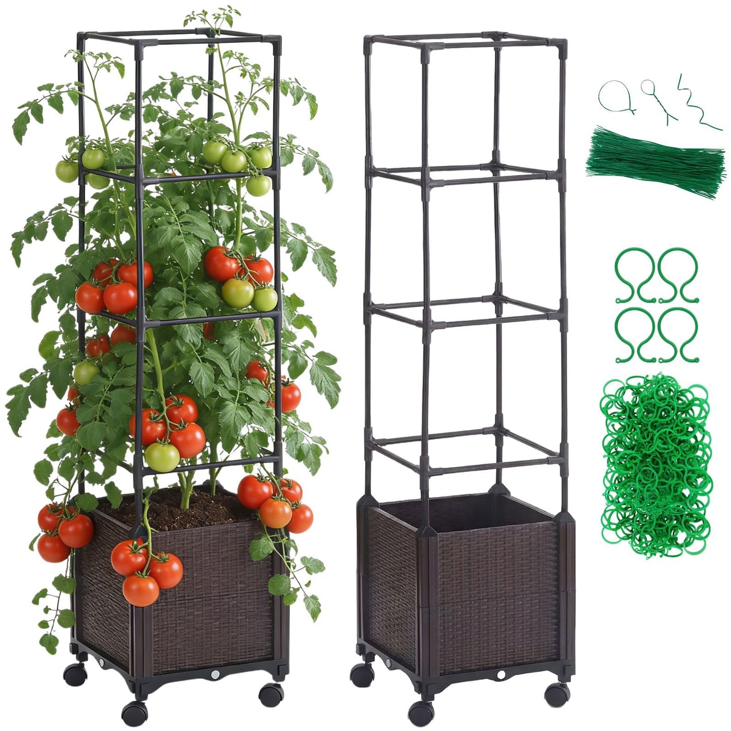 Raised Garden Bed Planter Box with Trellis | Self-Watering Tomato Planter with Wheels for Climbing Plants & Vegetable | Vertical Gardening Tomato Pot with Tomato Cage Indoor Outdoor Patio Greenhouse