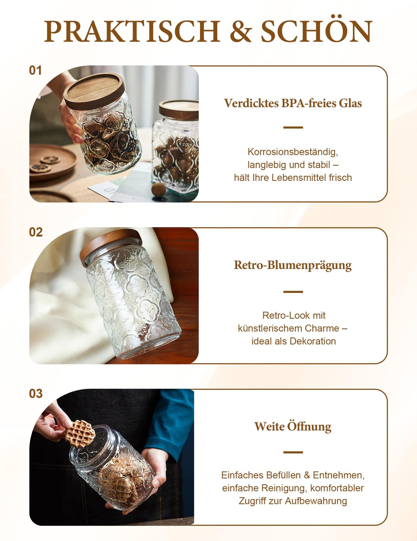 PENGSHU Vintage Glass Jar with Wood Lid - Christmas Airtight Canisters for Kitchen Countertop Bathroom, Storage Candy, Cookie, Coffee, Apothecary, Sugar, Flour,Pet Treat (Begonia, 34oz/1000ml)