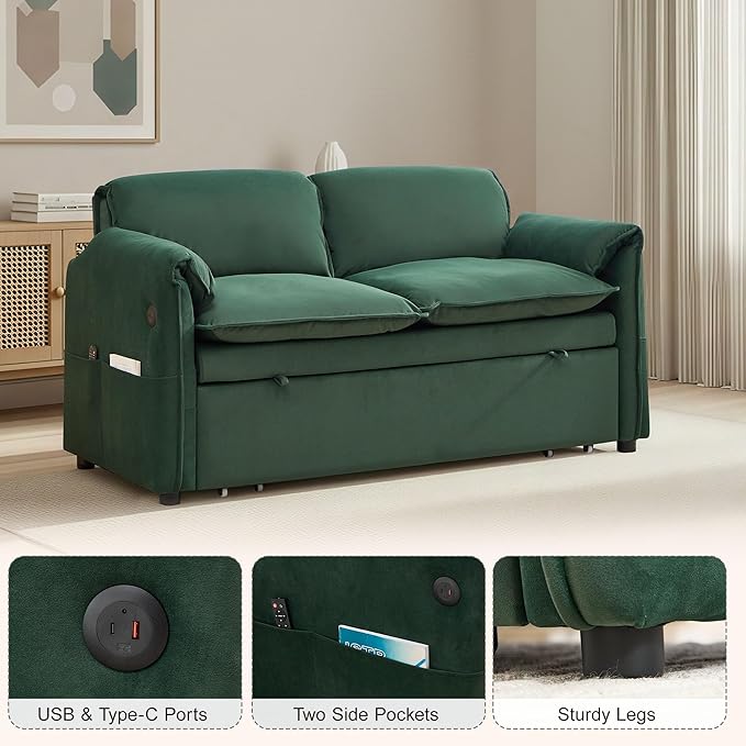 63" Convertible Sleeper Loveseat Sofa Bed, Pull Out Couch Bed