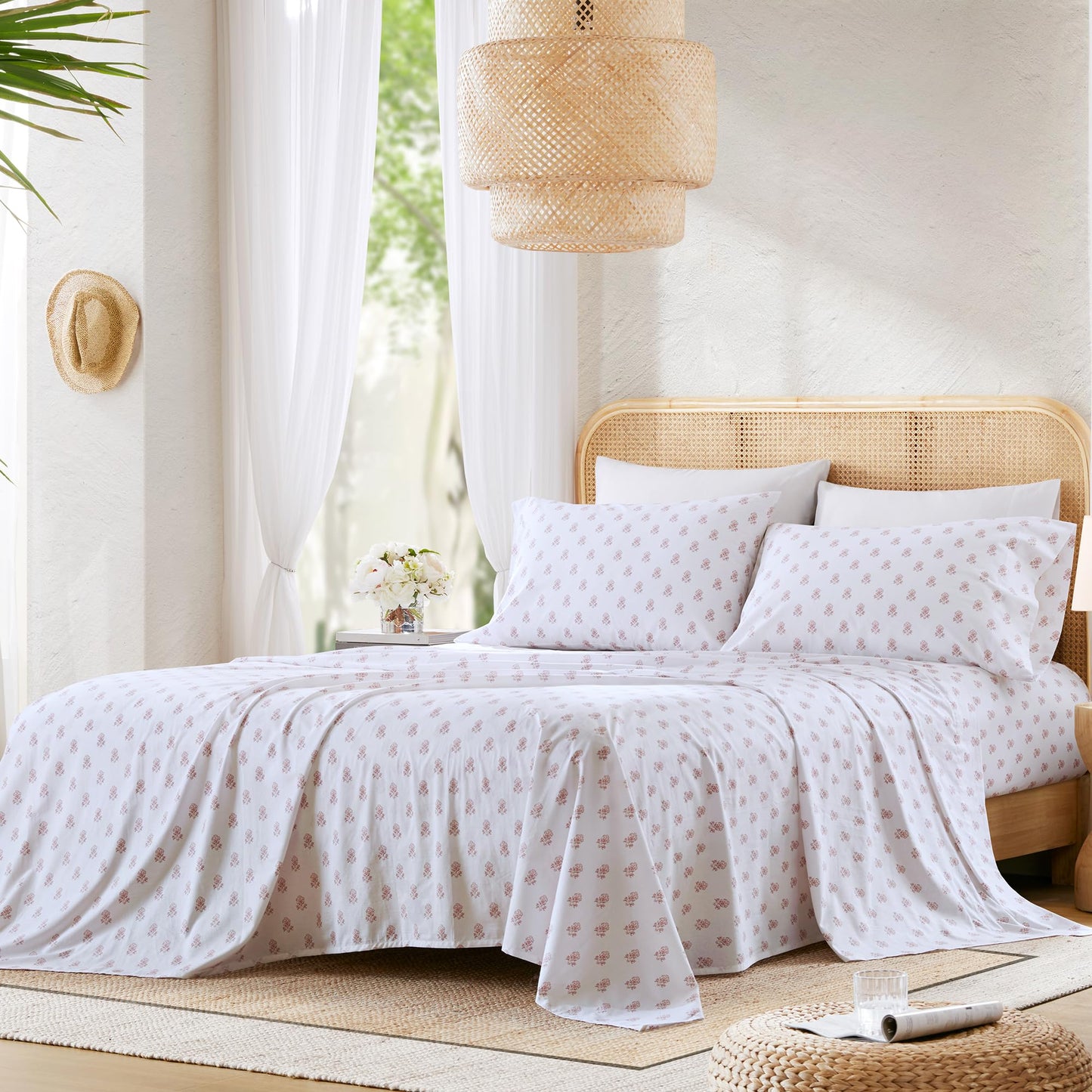 Comfort Spaces 100% Cotton Sheets Twin XL, Breathable, Naturally Cool Cotton Sheets, Soft Cotton Bed Sheets with 12" Elastic Pocket Fits up to 14" Mattress, All Seasons Sheet Set, Floral Pink 3 Piece