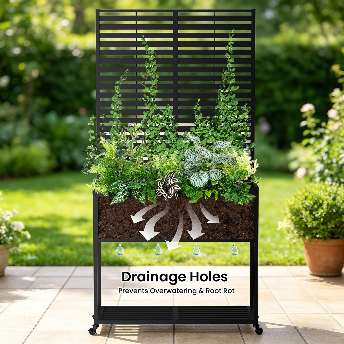 Metal Planter with Trellis for Outdoor,Elevated Rust-Proof Raised Garden Bed with Legs & Wheels,70" Privacy Planter for Climbing Plants & Flowers,Outside Movable Raise Box for Patio,Black (Black)