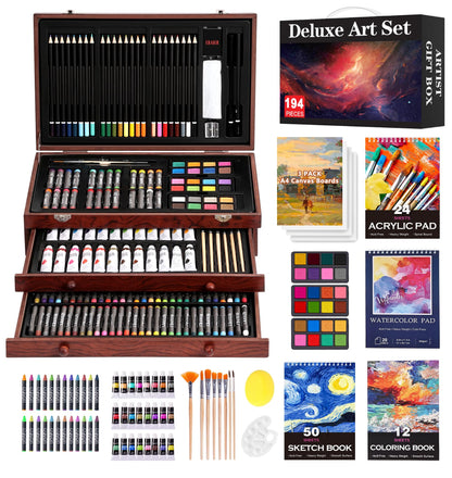 194 Piece Deluxe Art Set, Painting Drawing Art Supplies with 4 Drawing Pads, Acrylic Paints, Crayons, Colored Pencils Set in Wooden Case, Art Kit Gift Box for Kids, Teens, Adults, Artists, Beginners
